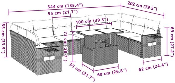 vidaXL 11-tlg. Garten-Sofagarnitur mit Kissen Grau Poly Rattan 3268150 Bild 10