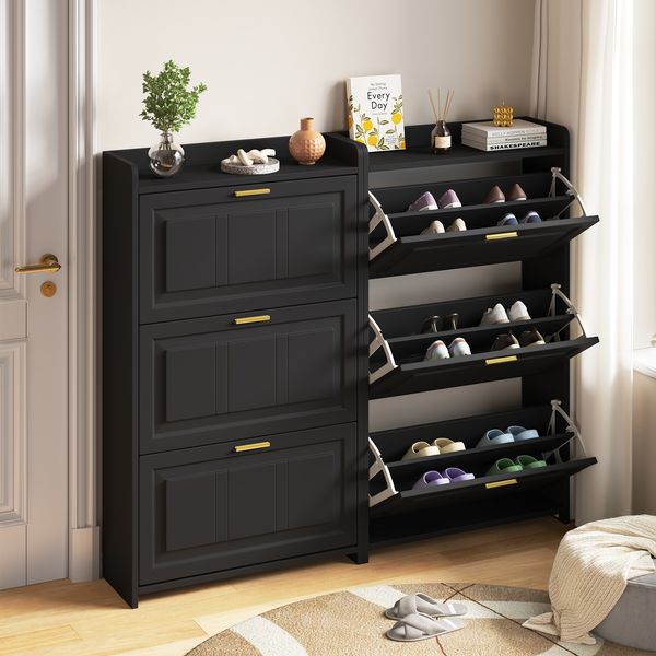 Schuhschrank 2er-Set mit Klapptüren & Schublade, 70x24x120 cm, Schwarz