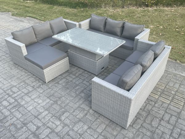 Fimous Rattan Gartenmöbel Set mit Sofa; Höhe verstellbar Esstisch und Hocker;Outdoor Terrassen Essgruppe 5-teilige Sitzgruppe Helles Grau