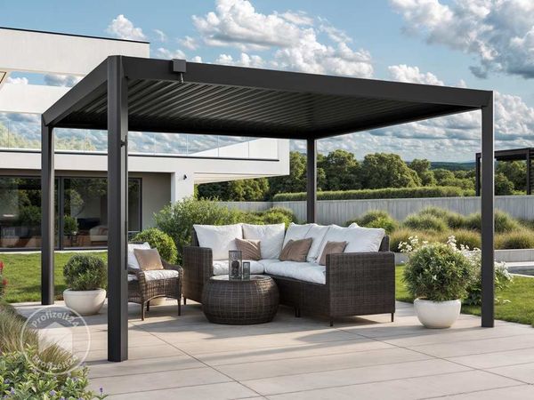 PRIMEYARD Pergola 4x4 m - Pfosten und Lamellendach aus Aluminium - anthrazitfarbene Terrassenüberdachung