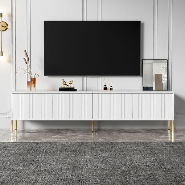 TV-Schrank 190 x 38 x 48 cm in Weiß mit 4 Türen, 8 Fächern und goldfarbenen Beinen