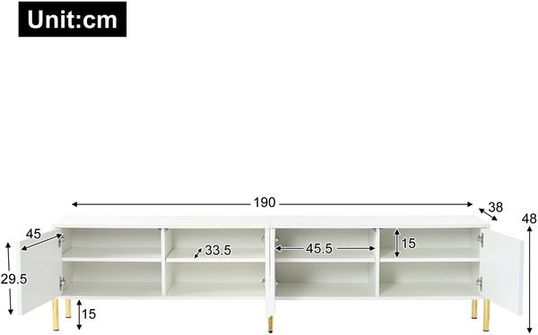 TV-Schrank 190 x 38 x 48 cm in Weiß mit 4 Türen, 8 Fächern und goldfarbenen Beinen Bild 10