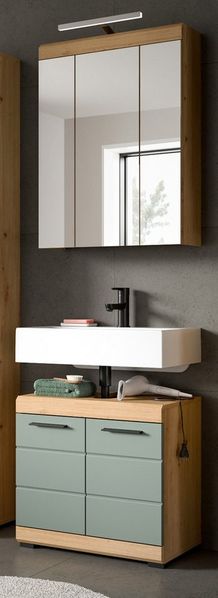 Inn. Furn Badmöbel-Set Shawn, (2-teiliges Badezimmer in Salbei grün und Artisan Eiche, 60x195 cm), ideal für das kleine Bad oder das Gäste-WC