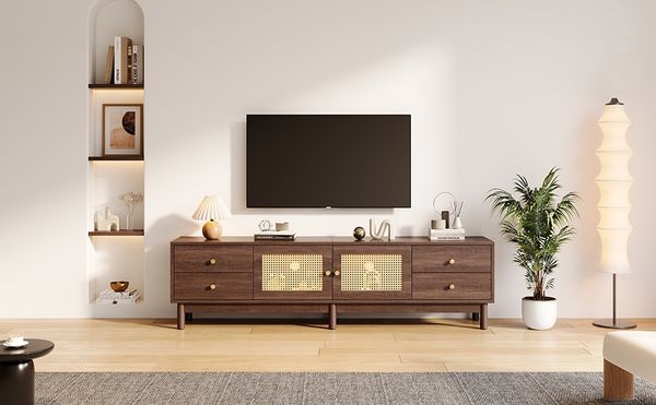 TV-Schrank 180x35x44 cm, dunkle Holzoptik mit Rattantüren, 4 Schubladen und Kabelmanagement,Braun