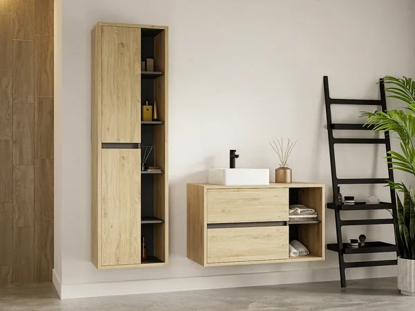 Vente-unique - PURNAL Badezimmersäule und -regal Holz, Platte Beige - B 33 cm x H 170 cm x L 55 cm