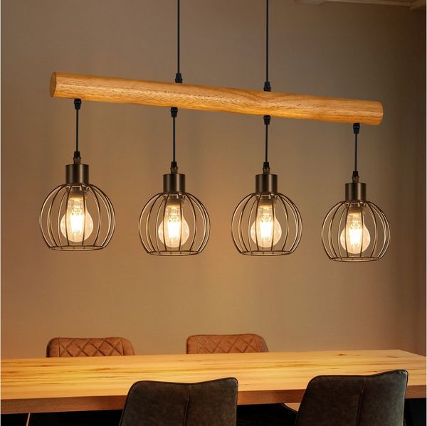 Nettlife Pendelleuchte Vintage 3/4 flammig schwarz Hängelampe aus Holz im Industrial Design, ohne Leuchtmittel, Retro Hängeleuchte für Esstisch Küche Wohnzimmer Bar Eisen