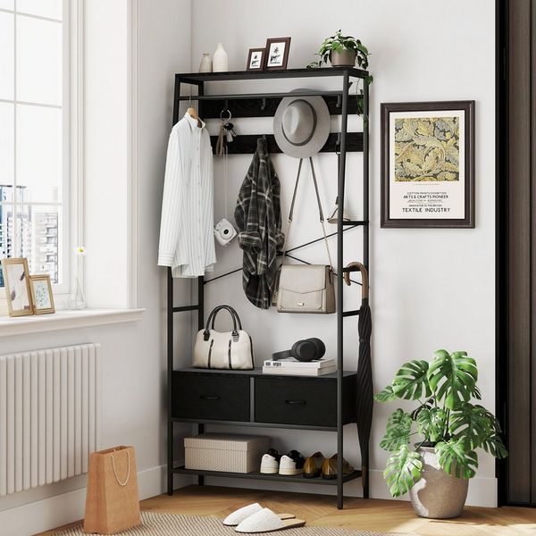 HOMCOM Garderobenständer mit Schuhregal, 2 Schubladen, 8 Haken, Ablage, (Kleiderständer, 1 St, Garderobe), für Eingangsbereich, Flur, Schlafzimmer, Schwarz