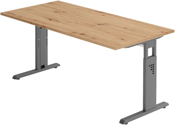 bümö höhenverstellbarer Schreibtisch O-Serie 160x80 cm in Asteiche, Gestell in Graphit - PC Tisch für's Büro manuell höhenverstellbar, Computertisch verstellbar, OS-16-R-G