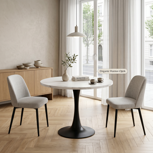 80cm moderner runder Esstisch für 2-4 kleine Empfangstisch mit weißem Marmormuster Holz Schreibtisch und schwarzem Metall Pedestal Kreis Küchentisch für Home Office Esszimmer Wohnung