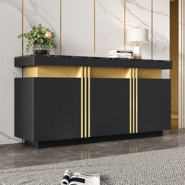 Merax Sideboard Aufbewahrungsschrank Anrichte mit Marmoroptik (1 St, 140x38x70cm), Kommode mit 3 Türen, verstellbaren Einlegeböden & Platin-Akzenten