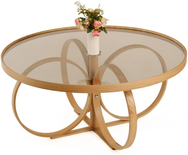 Elegant Coffee Table, 100% Solid Oak Wood with 4mm Tempered Glass Top, 100 x 47 x 100 cm | Disassembled, Stylish Oak Finish for Modern Living Spaces