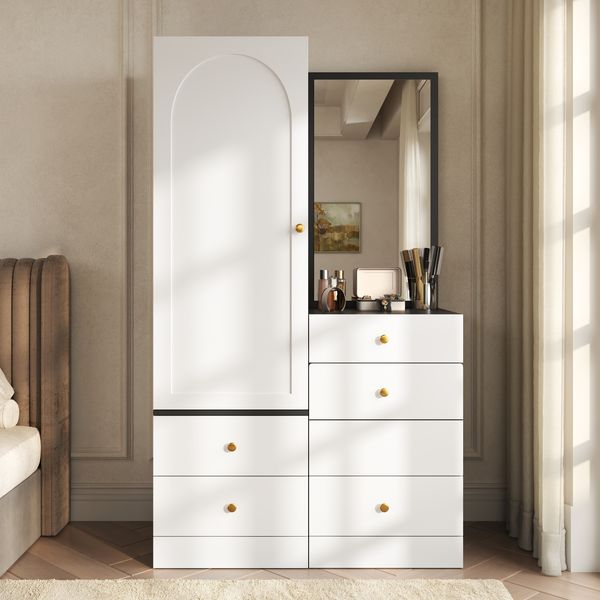 Merax Multifunktionaler Schmink- und Kleiderschrank Kombination mit ausziehbarem Hocker, Ganzkörperspiegel, geteilte Schubladen für Make-up, Schlafzimmer Stauraumschrank, Weiß und Schwarz