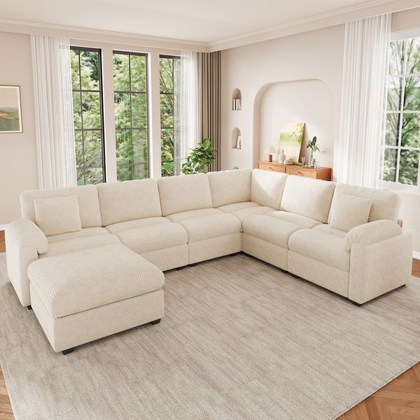 Merax XXL Ecksofa U Form, L‑förmiges sofa – Siebensitziges Cord‑Sofa mit Kissen, separatem Hocker, multifunktionalem und großzügigem Kombinationssofa, Beige