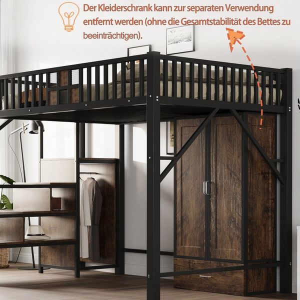REDOM Kinderbett aus Metall und Holz mit Schubladen, Kleiderschrank & Sicherheitsleiter (Hochbett Stauraumbett, 140x200 cm), ohne Matratze