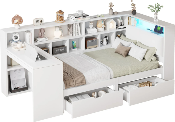 Stauraumbett mit Schreibtisch und LED-Beleuchtung (90x200cm, Lattenrost, Regal, Schubladen, USB und Steckdosen), Einzelbett, Holzbett