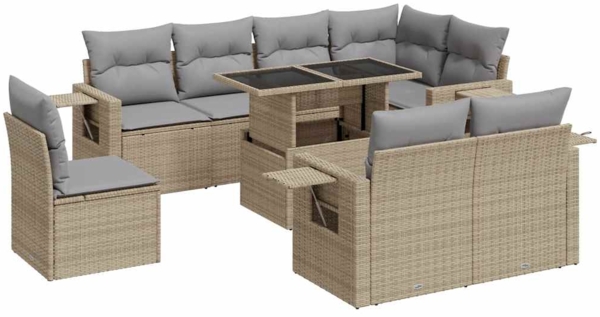 vidaXL 9-tlg. Garten-Sofagarnitur mit Kissen Beige Poly Rattan 3326500