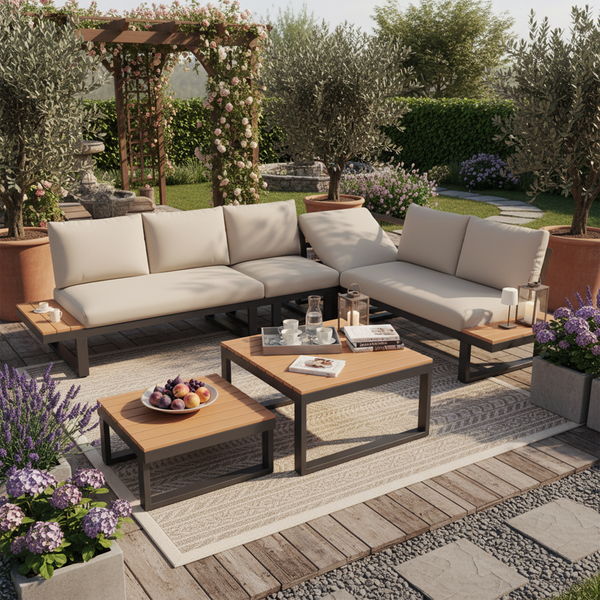 Merax Gartenlounge-Set 6 Teilig, Balkonmöbelset mit 2 Gartentisch für 6 Personen, Gartensofa mit Ecksofa & Stuhl, Couchtisch Kunststoffplatte, Beige + grau