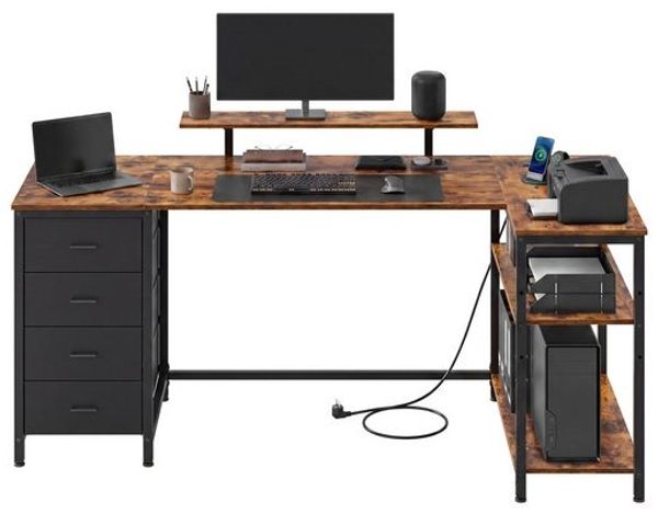 VASAGLE L-förmiger Eckschreibtisch mit USB-Anschlüssen, Computertisch, 2 Ablagen, 4 Schubladen, 160 x 80 cm, braun