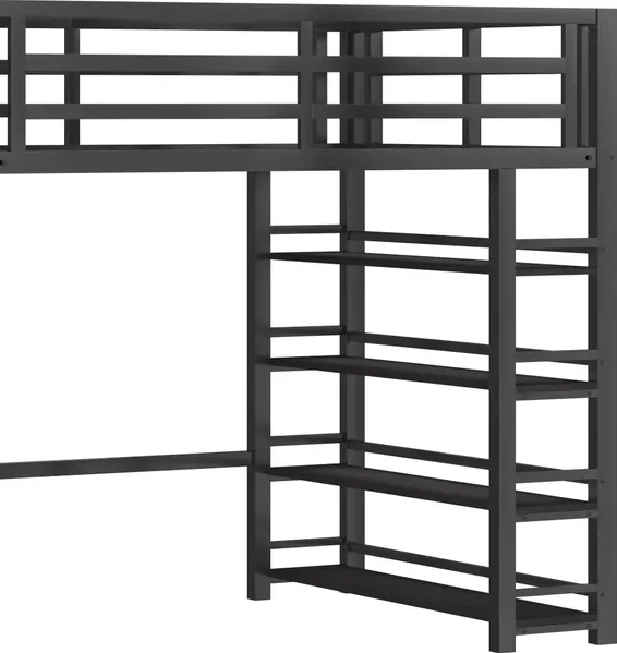 Hochbett mit Kleiderschrank, LED-Streifen, Rausfallschutz und Regal, 140x200cm, Treppe mit Schränken, und, Kinderbett, Metallbett Bild 10