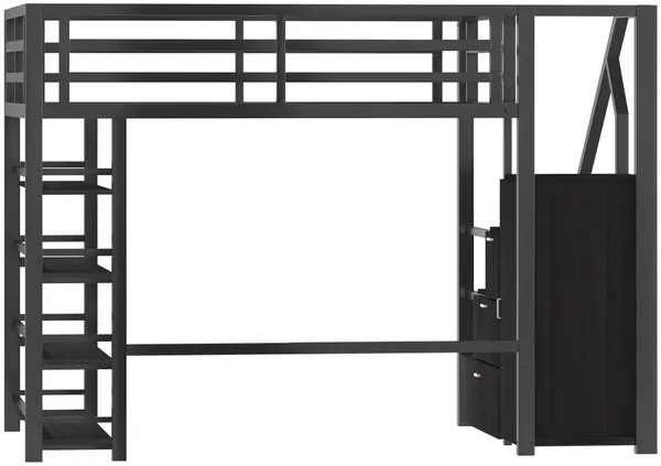 Hochbett mit Kleiderschrank, LED-Streifen, Rausfallschutz und Regal, 140x200cm, Treppe mit Schränken, und, Kinderbett, Metallbett Bild 8
