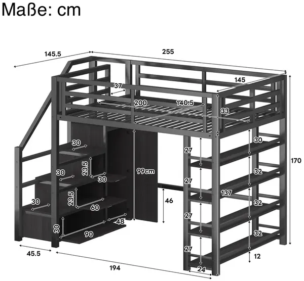 Hochbett mit Kleiderschrank, LED-Streifen, Rausfallschutz und Regal, 140x200cm, Treppe mit Schränken, und, Kinderbett, Metallbett Bild 5