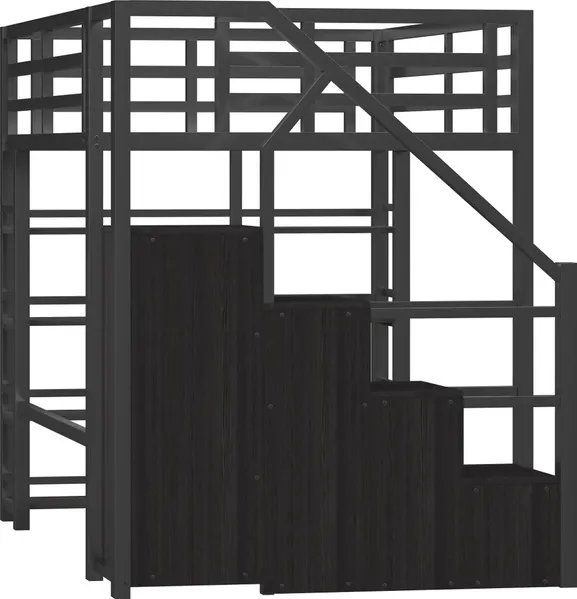 Hochbett mit Kleiderschrank, LED-Streifen, Rausfallschutz und Regal, 140x200cm, Treppe mit Schränken, und, Kinderbett, Metallbett Bild 9