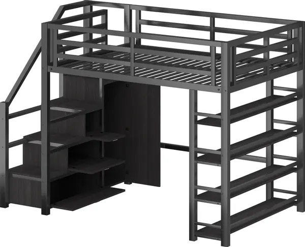 Hochbett mit Kleiderschrank, LED-Streifen, Rausfallschutz und Regal, 140x200cm, Treppe mit Schränken, und, Kinderbett, Metallbett Bild 7