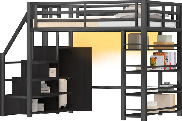 Hochbett mit Kleiderschrank, LED-Streifen, Rausfallschutz und Regal, 140x200cm, Treppe mit Schränken, und, Kinderbett, Metallbett Bild 6