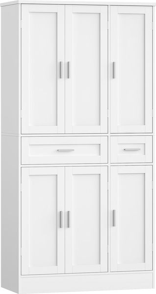 Buffetschrank, Küchenschrank mit 9-stufigem Türrückseiten-Regalsystem, Sideboard mit 6 Türen und 2 Großer Schublade, Modern Stil, Küche, Wohnzimmer, 40 x 92 x 180 cm, Weiß Bild 2