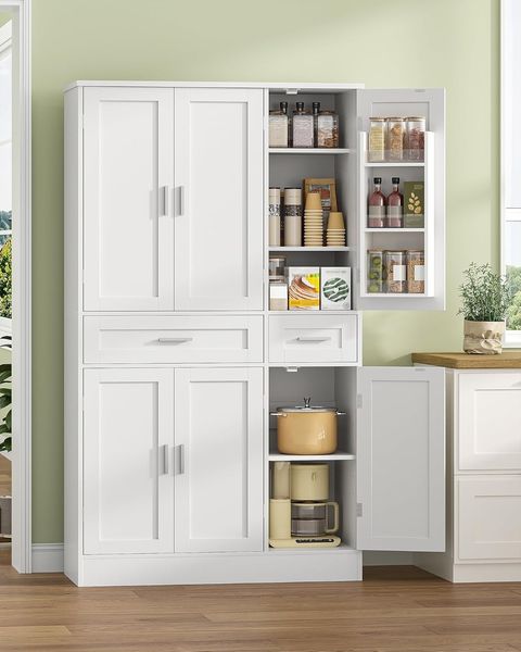 Buffetschrank, Küchenschrank mit 9-stufigem Türrückseiten-Regalsystem, Sideboard mit 6 Türen und 2 Großer Schublade, Modern Stil, Küche, Wohnzimmer, 40 x 92 x 180 cm, Weiß