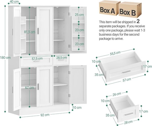 Buffetschrank, Küchenschrank mit 9-stufigem Türrückseiten-Regalsystem, Sideboard mit 6 Türen und 2 Großer Schublade, Modern Stil, Küche, Wohnzimmer, 40 x 92 x 180 cm, Weiß Bild 10