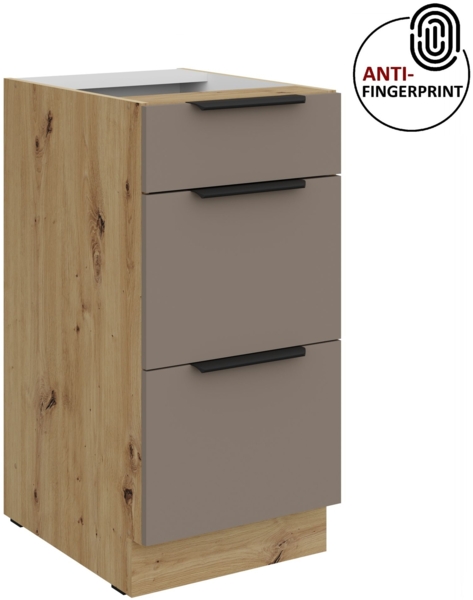 Küchen Unterschrank 40 cm Küche ARIA Sandgrau ultra matt + Eiche Artisan matt, hochwertige Fronten mit Anti Fingerprint Beschichtung, Soft-Close Küchenzeile Küchenblock