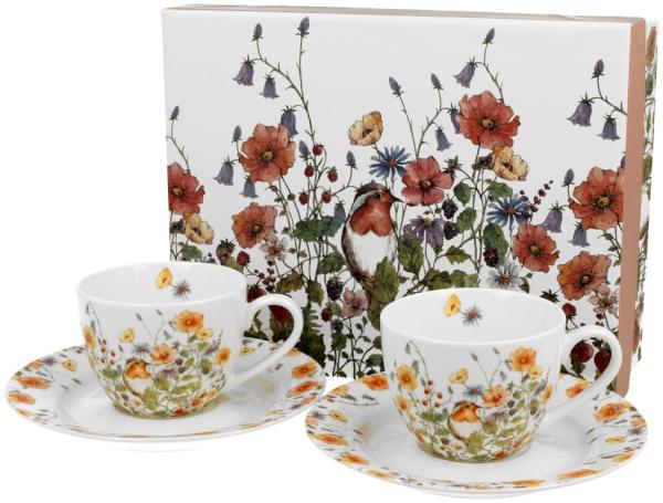 DUO FLORAL 2er-Set Espressotassen 90 ml WILD BIRD mit Untertassen, New Bone China Porzellan