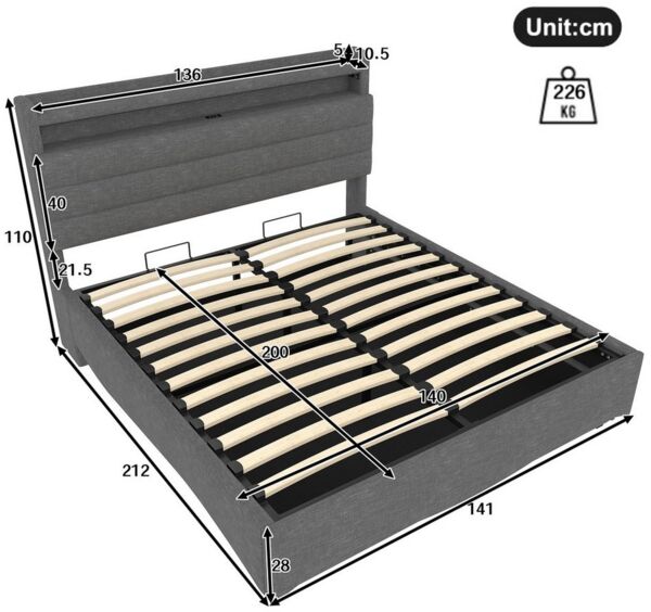 TavilaEcon Boxspringbett Polsterbett mit LED-Beleuchtung und Hydraulikmechanismus (1-St), mit USB- und Typ-C-Anschlüssen, 140×200cm, grau Bild 3