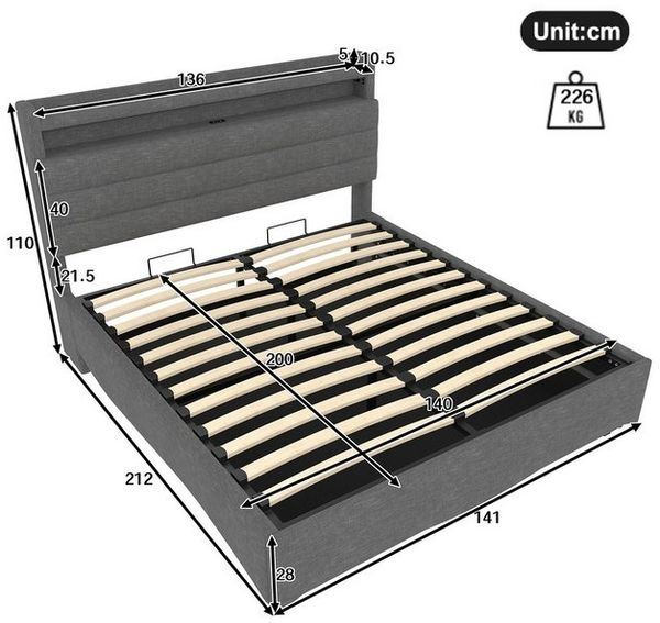 TavilaEcon Boxspringbett Polsterbett mit LED-Beleuchtung und Hydraulikmechanismus (1-St), mit USB- und Typ-C-Anschlüssen, 140×200cm, grau Bild 4