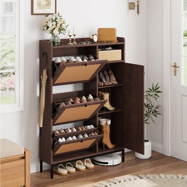 GarveeMore Schuhschrank aus Rattan mit 3 Klappschubladen und 4-stufiger Schuhschrank Schuhschrank mit verstellbaren Regalen für Eingang,Flur,Wohnzimmer