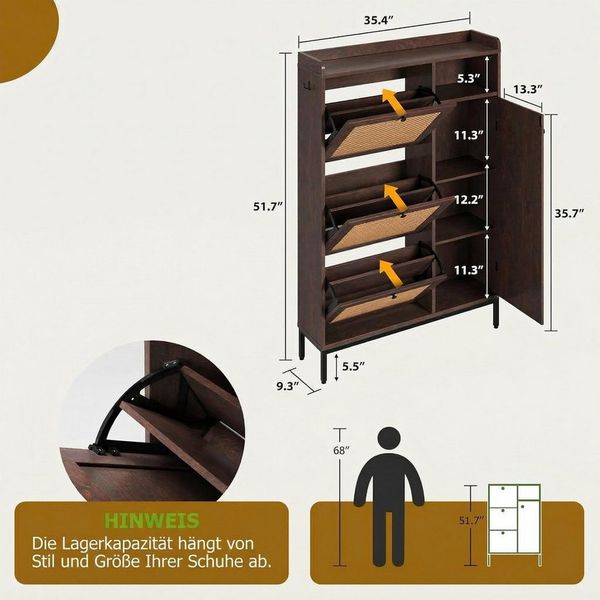 GarveeMore Schuhschrank aus Rattan mit 3 Klappschubladen und 4-stufiger Schuhschrank Schuhschrank mit verstellbaren Regalen für Eingang,Flur,Wohnzimmer