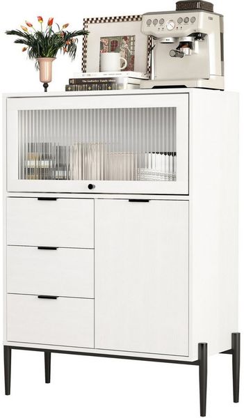 SeedWave Anrichte Moderner Küchenschrank Kommode Küche Sideboard mit Viel Stauraum, 1 Glas-Klapptür nach oben, einstellbare Einlegeboden und Scharniere