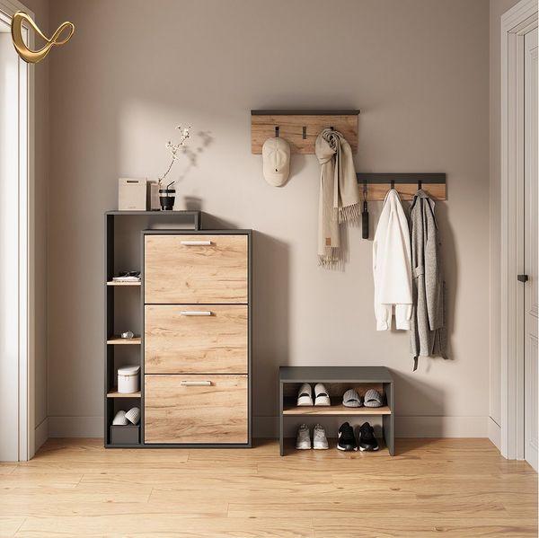 Livinity® Schuhkipper Ortello, Goldkraft Eiche/Anthrazit/Anthrazit, 80 x 128.3 cm mit 3 F...