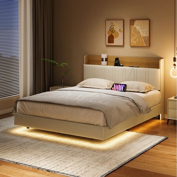 Gdood Polsterbett Stauraumbett LED Doppelbett, Kunstlederstoff (Hydraulisch hebbarem Stauraum), Mit LED-Licht, Nachttisch, Ladefunktion, Lattenrost, 160x200 cm