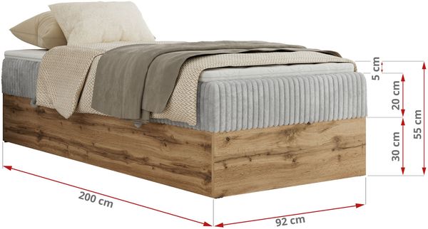 Boxspringbett, Einzelbett WOOD ZERO 90 x 200 cm, Hotelbett ohne Kopfteil, Bett mit Stauraum, 7-Zonen Multipocket-Matratze - Hellgrau Cordstoff - H4 - Topper T25 Bild 6