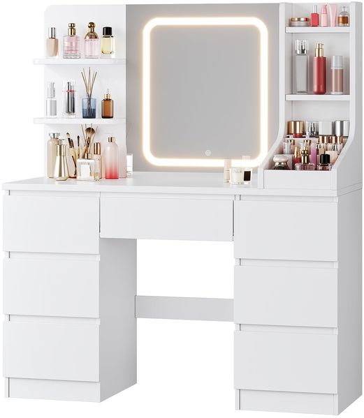 JUMMICO Schminktisch mit Spiegel und verstellbarer LED-Beleuchtung, 110 x 40 x 139 cm, Porzellanweiß