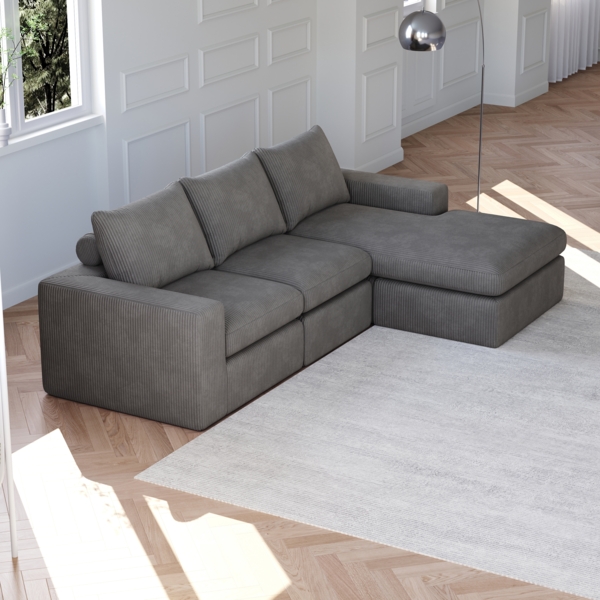 Sofa, Boneless Couch mit Chaiselongue L-förmiges gepolstertes Cordsofa mit drei Kissen keine Montage erforderlich, Cord, Grau