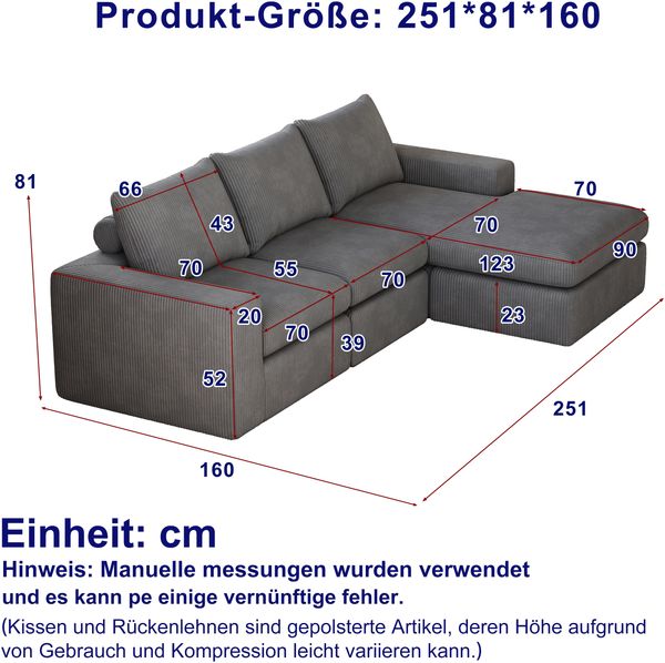 Sofa, Boneless Couch mit Chaiselongue L-förmiges gepolstertes Cordsofa mit drei Kissen keine Montage erforderlich, Cord, Grau Bild 2