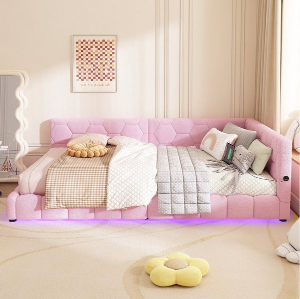 Flieks Polsterbett, LED Doppelbett Daybett Tagesbett Samt 140x200cm mit USB-Anschluss