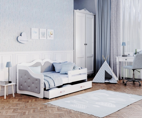 AJKmeble Kinderbett mit Polster, 80x160, 80x180cm inklusive Lattenrost, Mädchenbett (MADE IN EU - mit Polsterung in Weiß, Rosa und Grau, mit Rausfallschutz, für Jungen und Mädchen, Kinderzimmer-Bett), MDF-Holz Made in Europe + optional mit Matratze