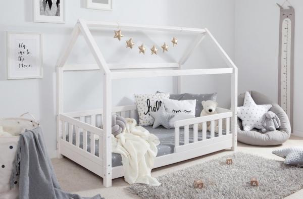 TiCAA 'Kay' Kinderbett Hausbett, inkl. Rolllattenrost, Rausfallschutz variabel, Kiefer Massivholz, Weiß - Ohne Matratze, 80x160 cm