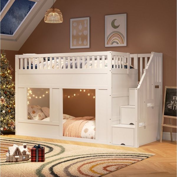 OKWISH Hochbett umbaubarer Spielraum darunter (Etagenbett, Hochbett, Kinderbett, 1-St, 90x200 cm, ohne Matratze) mit Treppenschrank