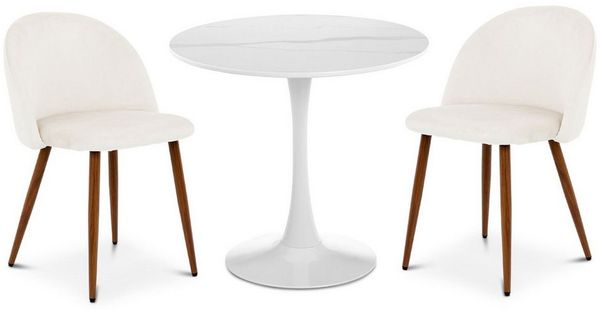 IDIMEX Essgruppe LOIRE/NAVIA, Runder Esstisch Ø 80 cm mit Keramikplatte und 2 Stühlen Weiß/Beige