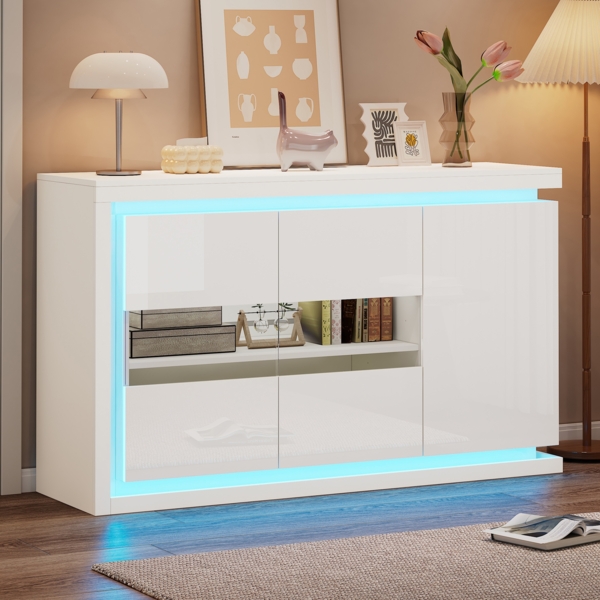 Merax Hochglanz-Sideboard 140cm Wohnzimmerschrank, Moderne Kommode mit 4 Fächern, Breite 140 cm, Beistellschrank mit LED-Lichtleiste, mit Türen aus gehärtetem Glas, Weiß